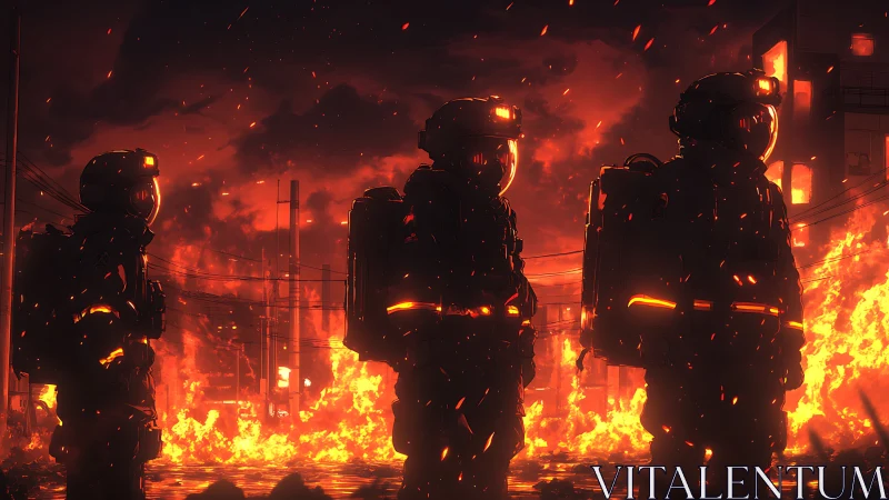 Armored soldiers silhouetted against massive flames in burning urban environment