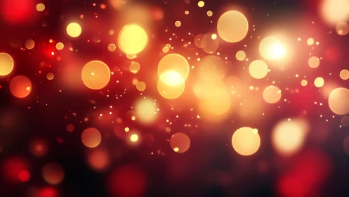 Golden bokeh light orbs glow over deep red abstract background