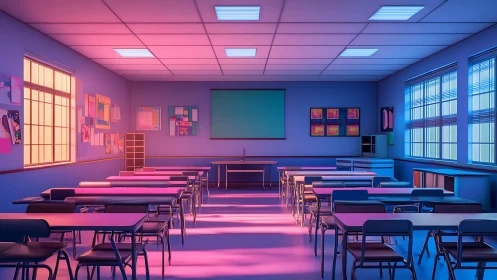 Empty classroom interior under contrasting pink and blue lighting