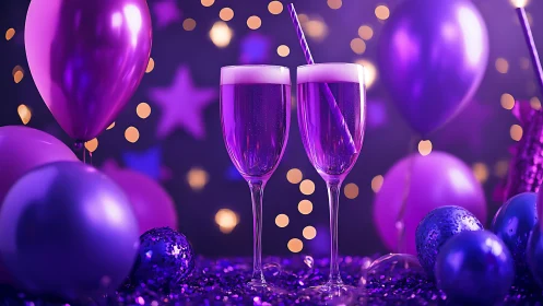 Vibrant Celebration Still Life with Purple Bokeh and Champagne Glasses.