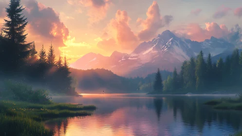 Sunlit alpine lake at sunrise with misted conifer forest