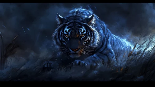 Midnight tiger stalks through stormlit grass in blue haze.