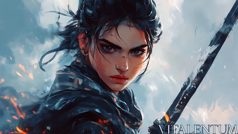 Fierce woman warrior with sword in dynamic battle stance.