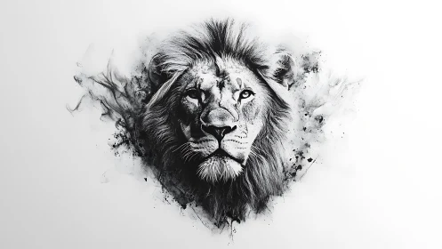 Monochrome lion portrait in dynamic ink-splatter composition.