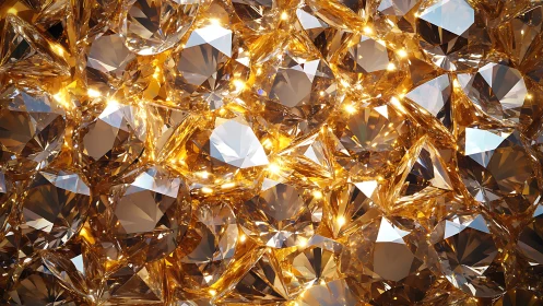 Clustered golden gemstones with strong faceted reflections.