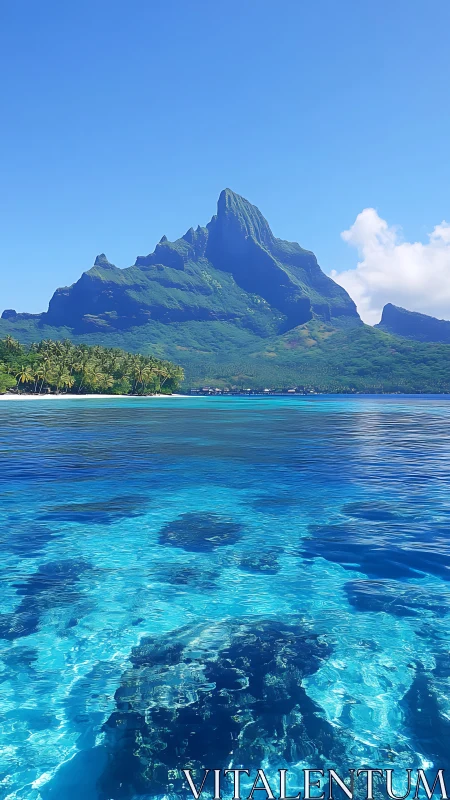 Tropical Mountain Island with Clear Blue Ocean Waters