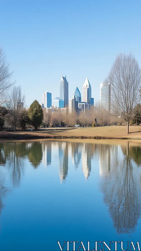 City skyline reflects across calm blue urban lake surface.