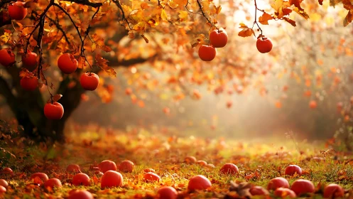 Ripe pumpkins hanging and scattered in warm autumn orchard