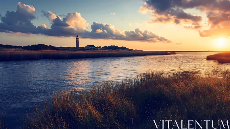 Sunset river bends toward distant lighthouse and horizon.