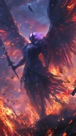 Armored winged figure over volcanic fire and dark sky.