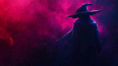 Mystic wizard silhouette against glowing pink void.