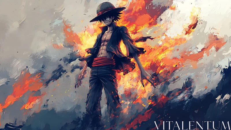 Dynamic anime hero in expressive fiery digital painting style.