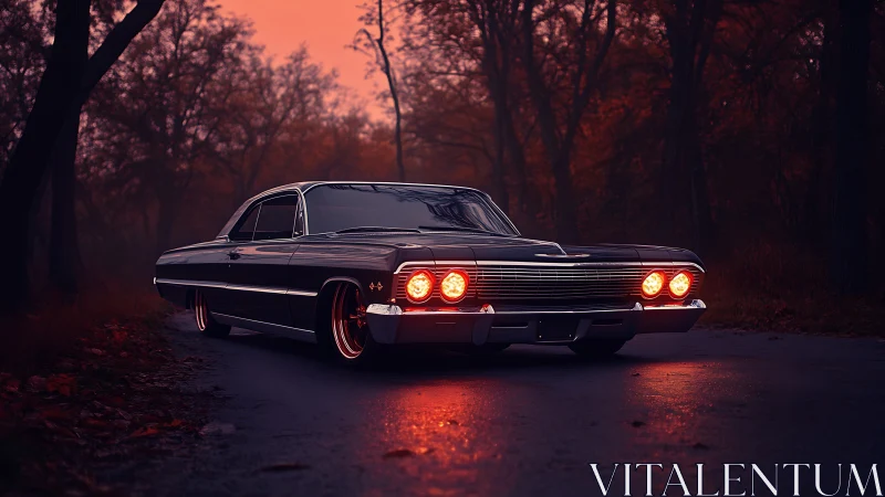 Photorealistic classic muscle car on misty forest road at dusk.