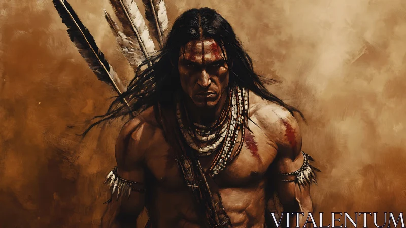 Fierce warrior in earth-toned paint and wind-tossed feathers.