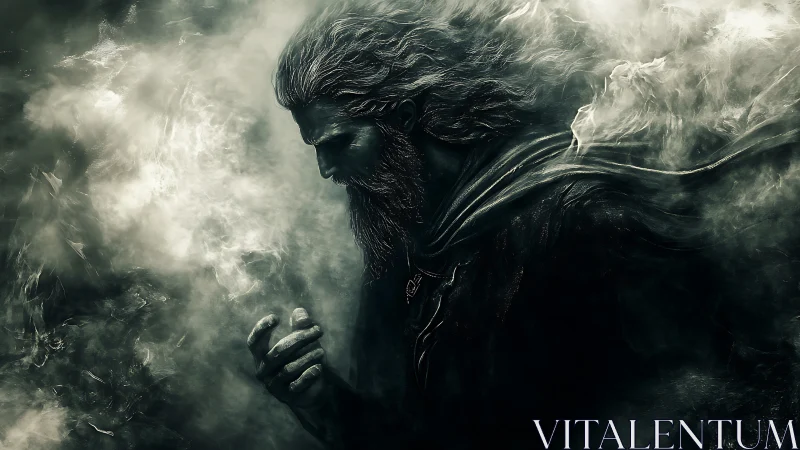 Stormborn wanderer inhales swirling myths from the dark