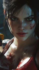 Fearless warrior’s fierce gaze in a storm of shadows.