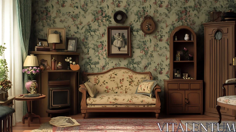 Floral wallpaper parlor where vintage whispers politely linger.