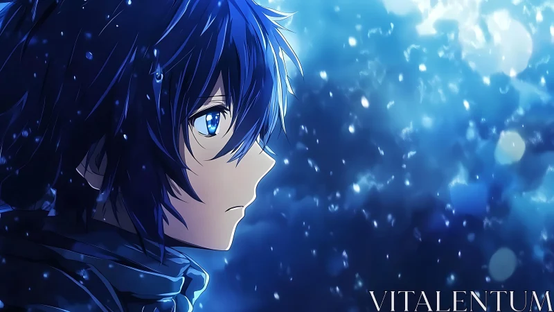 Blue haired anime boy in profile under falling snow.