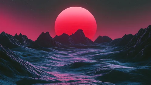 Dreamy neon sunset over surreal cosmic mountainscape.