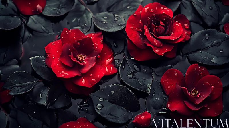 Red Roses Against Black Foliage, Jeweled with Raindrops.