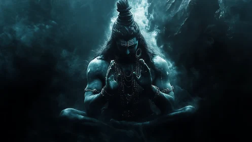 Mystic blue yogi in deep midnight mountain meditation.