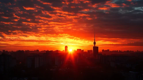 Urban skyline silhouette under intense red sunset glow.