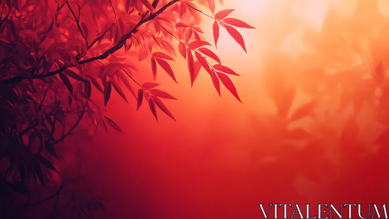 Red leaves silhouetted against soft glowing sunset light.