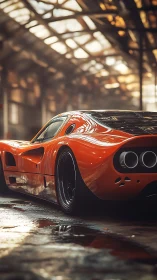 Rear view of orange sports car in industrial warehouse.