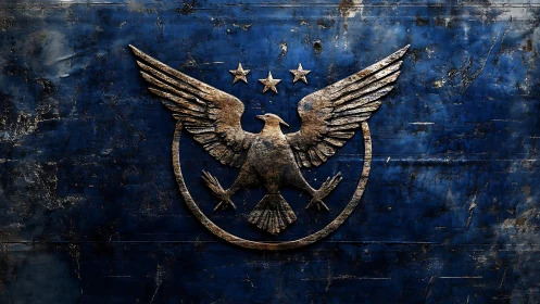 Weathered bronze eagle crest on storm-brushed indigo steel.