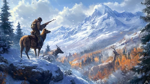 Hunter on Horseback Surveying Alpine Wilderness with Distant Peaks