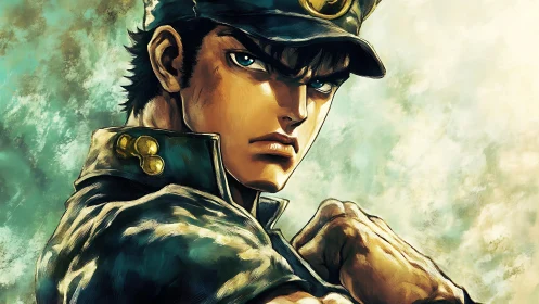 Anime soldier in cap stares forward with clenched fist