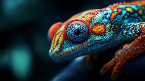 Iridescent gecko macro reveals hyper-detailed neon scales.