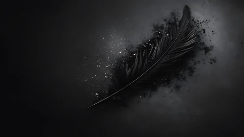 Soft black feather resting in a quiet storm of sparkles.