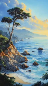 Lone coastal pine crowns a sunlit, windswept sapphire shore.