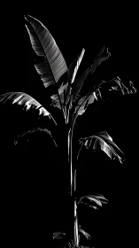Monochrome banana plant isolated against deep black background.