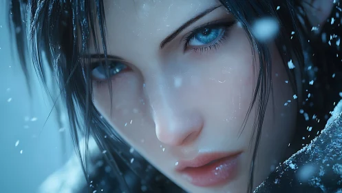 Snowlit gaze of a blue eyed wanderer in quiet winter storm.