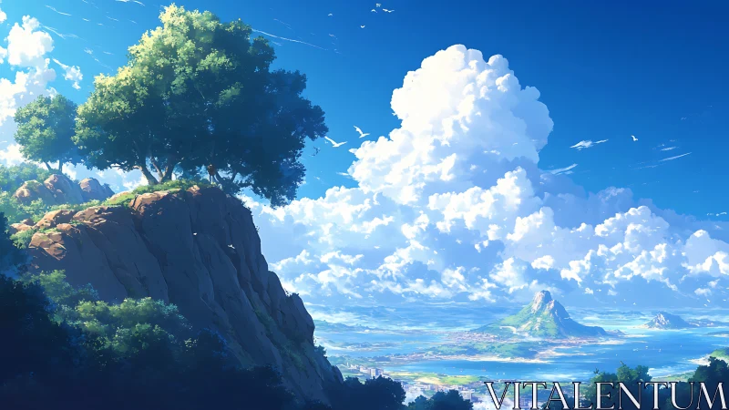 Sunlit coastal cliff and distant island under towering cumulus