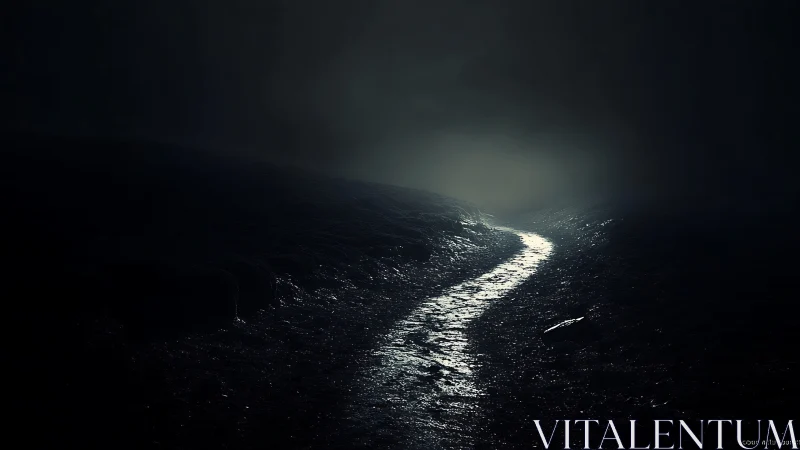 Glimmering night path gently curves toward hidden light