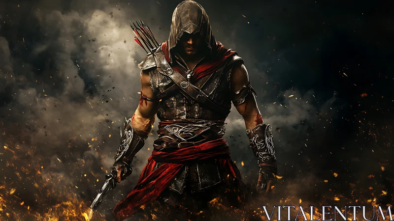 Hooded armored archer emerging from firelit battlefield smoke