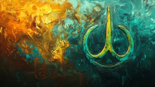 Abstract teal and amber field with central circular symbol.