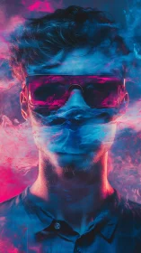 Neon-lit male portrait with vapor diffusion and tinted visor