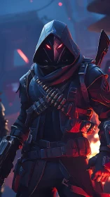 Hooded ballistic operative with red-luminous visor in flames.