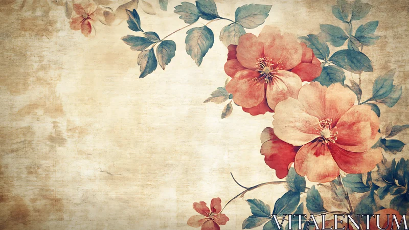 Vintage floral illustration shows red blossoms on aged paper