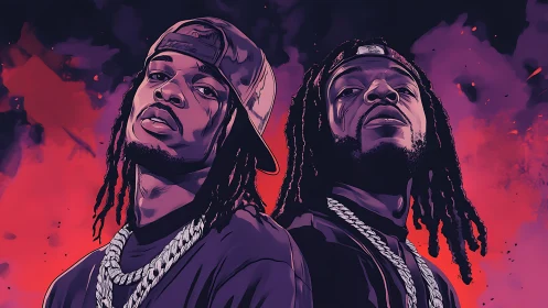 Dual hip-hop portraits in neon magenta atmospheric glow.