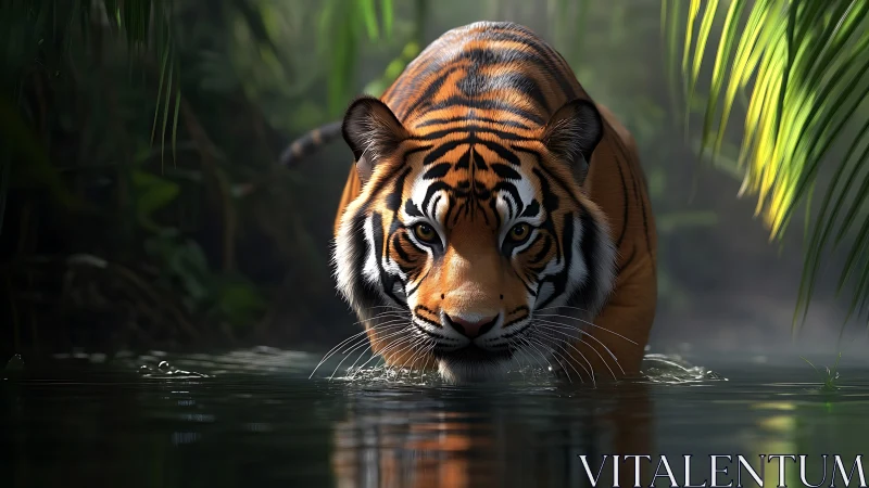 Tiger stalks through misty jungle river in low sunlight.