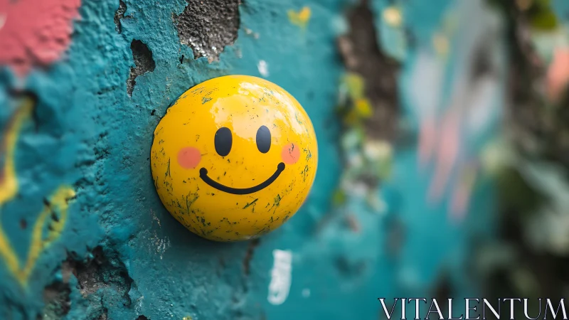Bright yellow smiley button brings playful joy to the wall