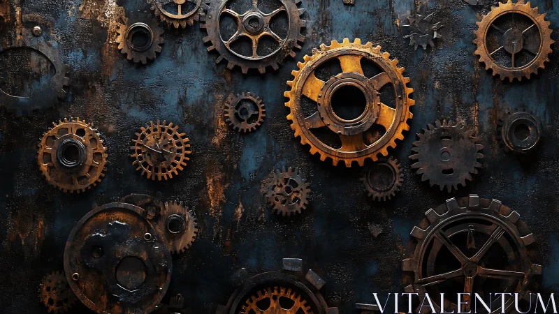 Rusty mechanical gears on dark industrial background.