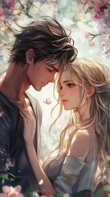 Digital Portrait Study: Two Figures in Close Proximity with Floral Environment and Romantic Atmosphe