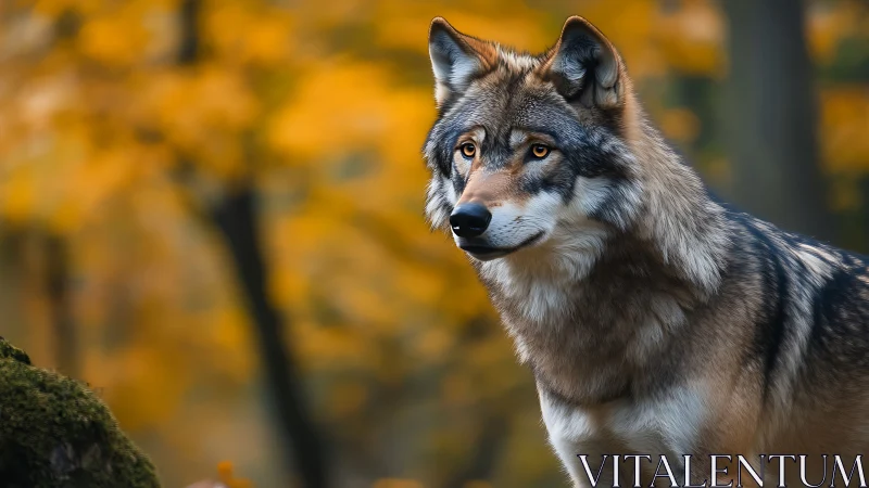 Autumn forest wolf pauses mid-prowl in molten amber light