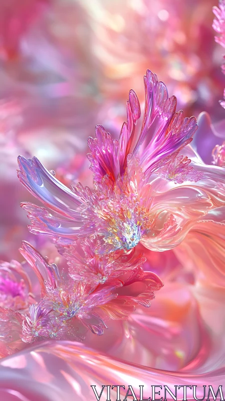 Translucent crystalline floral forms in pink fluid field.